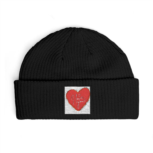 Embroidered Heart Cuff Beanie – Cozy Knit Winter Hat for Valentine's Day