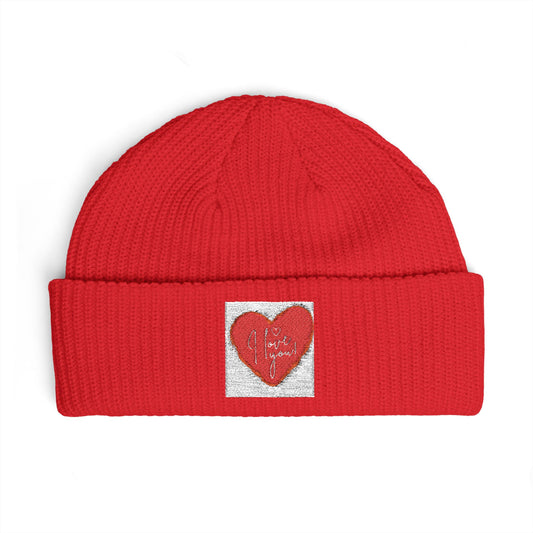 Embroidered Heart Cuff Beanie – Cozy Knit Winter Hat for Valentine's Day